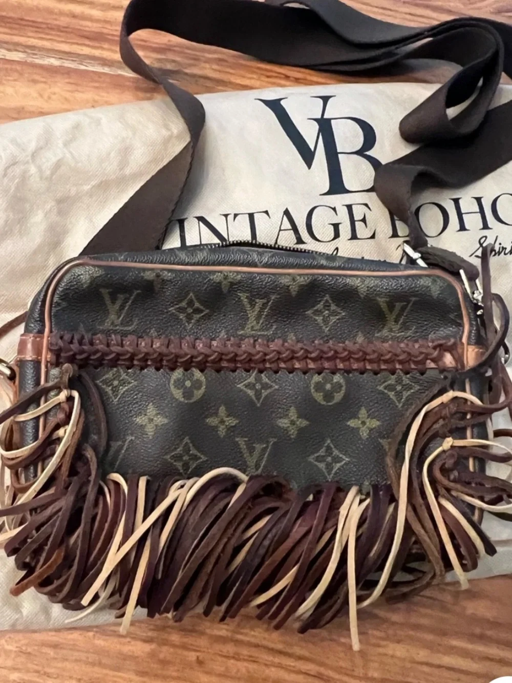 Vintage Boho Louis Vuitton Riviera Fringe Crossbody Bag Brown Tan Excellent